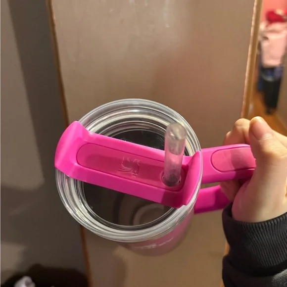 Stanley Hot Pink Travel Mug with Handle and Clear Lid - Picture 3 of 6